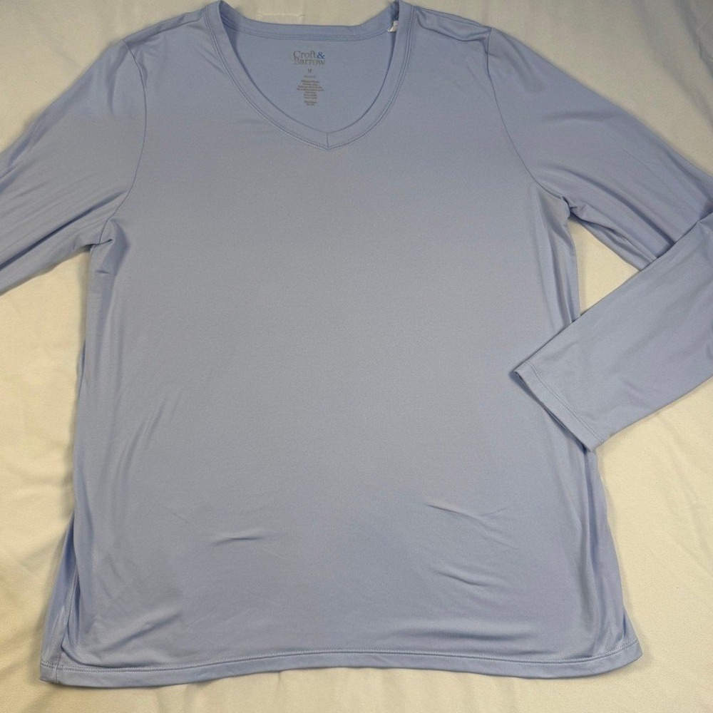 Croft & Barrow Womens Long Sleeve V-Neck Top Light Blue Medium Solid Stretch